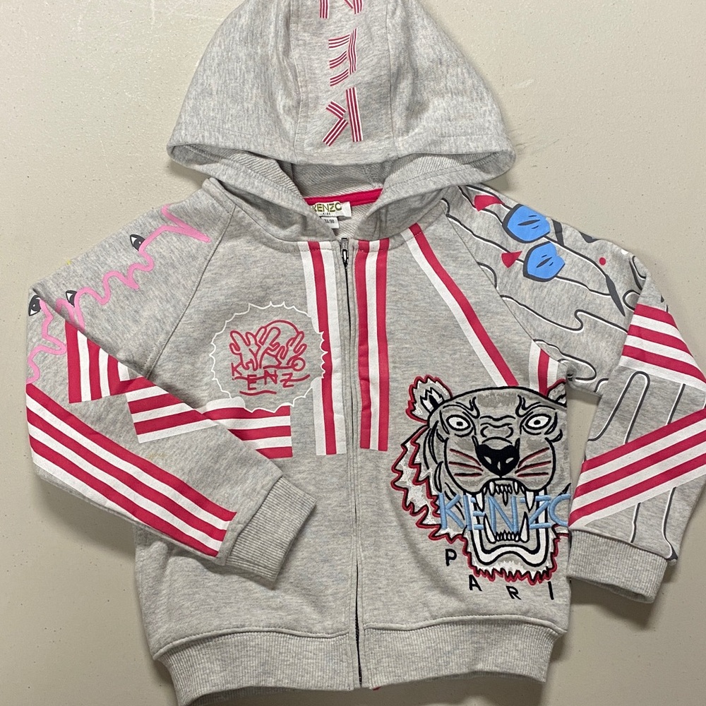 Kenzo Gray Hoodie with Tiger and Pink Stripes